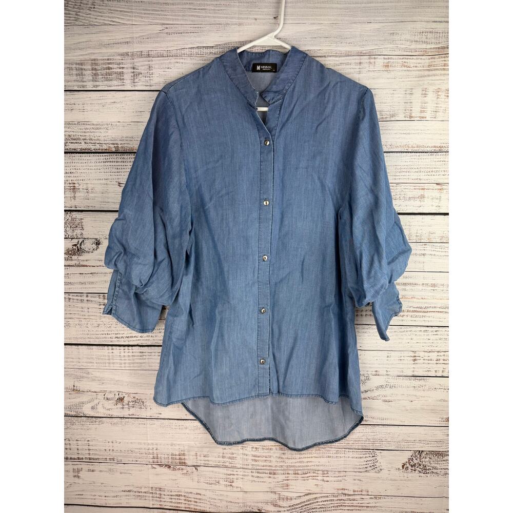Minimal Blue Chambray Button Down Top Medium Balloon Sleeves Boho Coastal Career